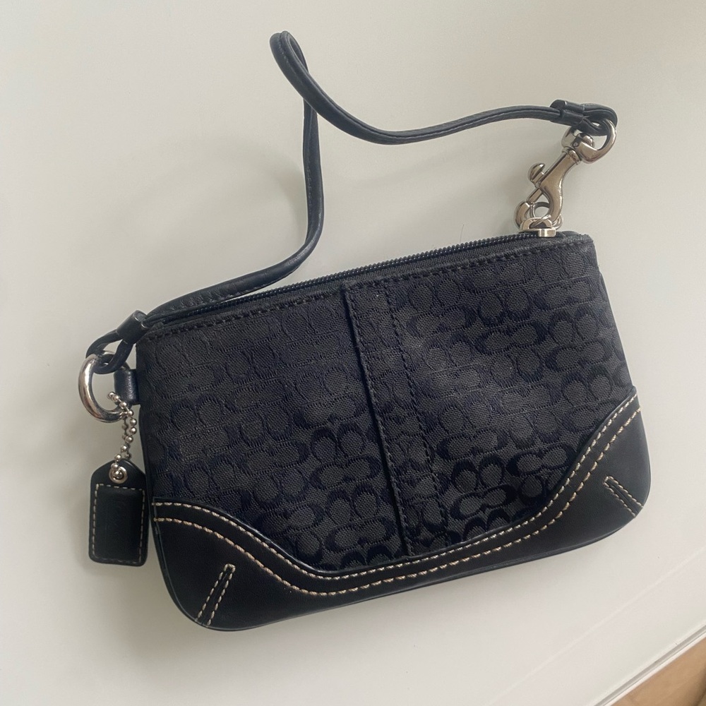 Coach Black Signature Wristlet with Stitch Detail